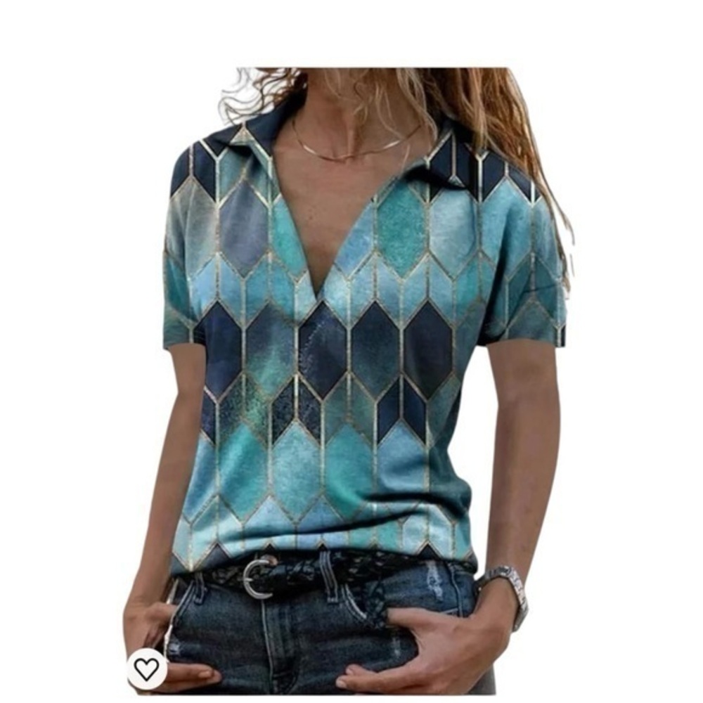 NWT Neezeelee s Color Block Casual Tunics Collar Long Sleeve V Neck Blouse